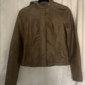 Leather Jacket with hood - Brown/ Grey